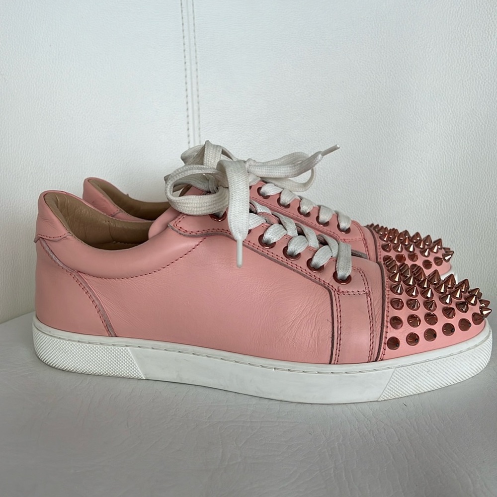 Christian Louboutin Vieira pink leather low top sneakers shoes spikes size 37